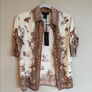 Rachel Zoe Cream and Brown Floral Border Button-Down Blouse